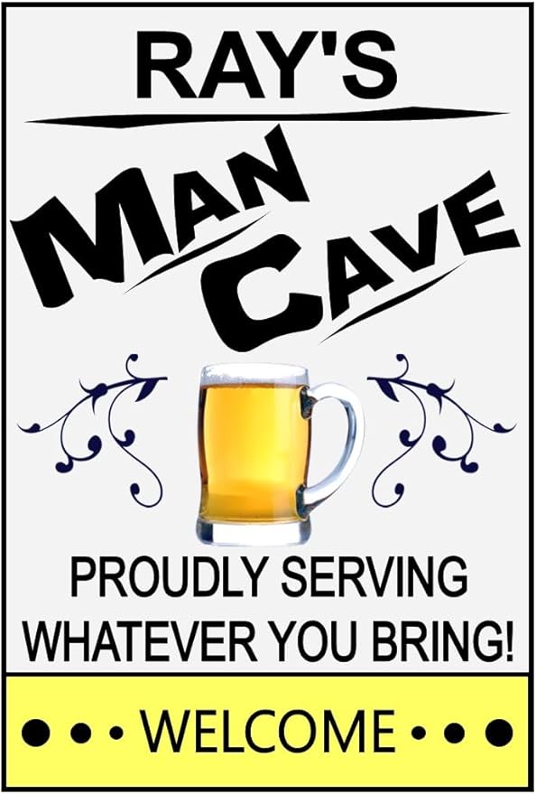 Welcome Refrigerator Magnet. Ray's Man Cave. Customize for Any Name. 3 Different Sizes. Flexible. Proudly Serving Whatever You Bring.