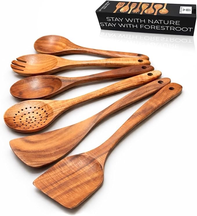 6-Piece Wooden Utensil Set – Premium Teak Wood Cooking Spoons & Spatulas, Non-Stick, Heat-Resistant, Durable & Eco-Friendly Kitchen Tools for Cooking & Serving