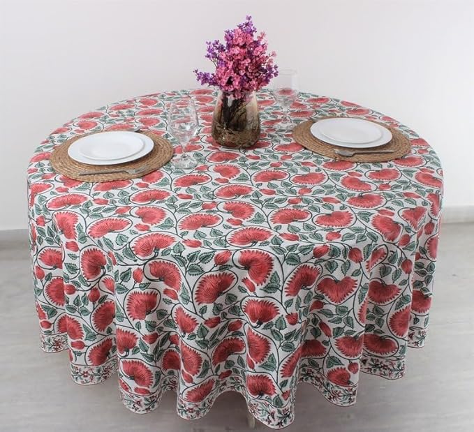 Ridhi Block Print Round Turquoise Green Reusable Tablecloth 100% Cotton 60" Inch Decorative Table Cover eveyday Dining, Home, Party, Wedding, Farmhouse Gift for Spring, Easter, Valentine
