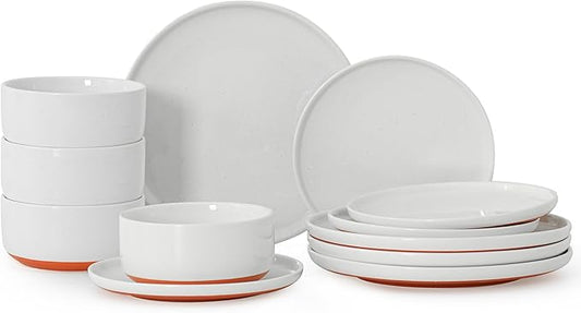 12 Piece Dinnerware Set, Dual Glaze Stoneware Plates and Bowls Sets, Modern Dinner Plate, Salad Plate, Cereal Bowl, Dish Set for 4, Microwave and Dishwasher Safe, Stardust Glaze White