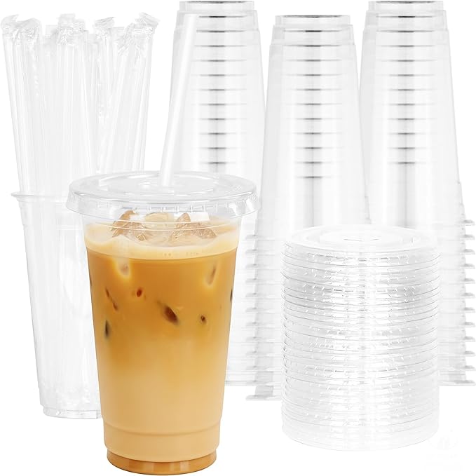 24 oz 100 Pack Disposable Clear Plastic Cups with Lids and Straws, Food Safe Bulk Iced Coffee Cups for Smoothies, Milkshakes and Other Cold Drinks
