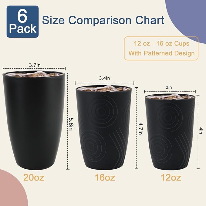 20 OZ Wheat Straw Cups SetS of 6, Unbreakable Drinking Cup, Alternative to Plastic Cups Reusable, Microwave & Dishwasher Safe Big Cup, Large Drinking Glasses for Kitchen, Party (Black)