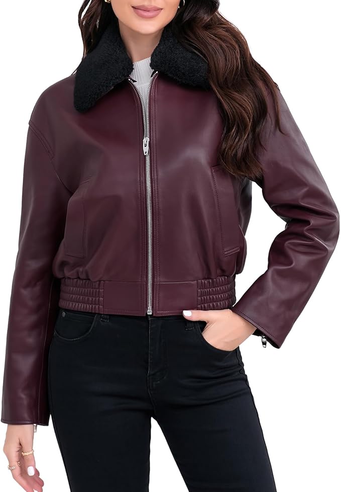 SILVER FASHIONS Leather Jacket Women,Cropped Lambskin Bomber Jacket,Removable Sherpa Collar, Zip Front, Elasticized Hem