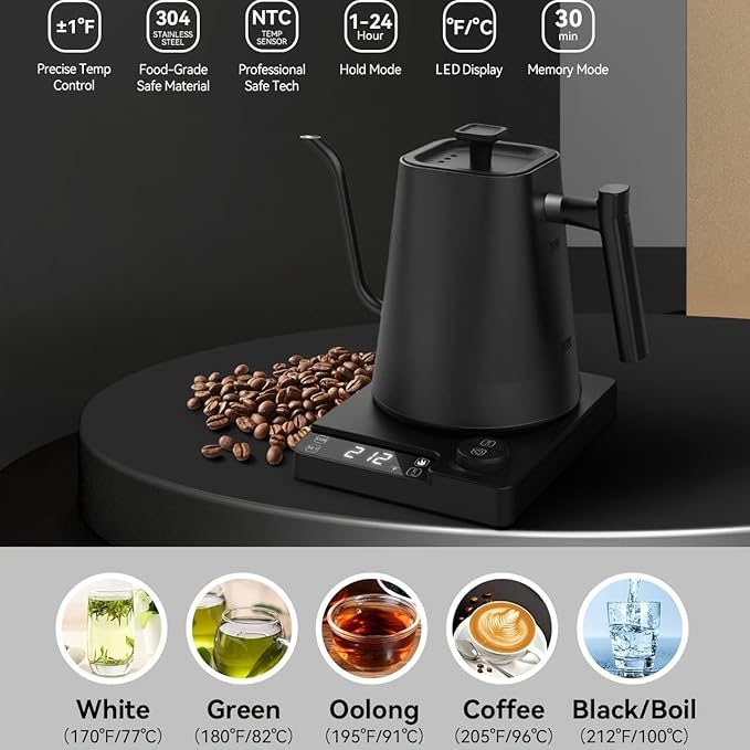 Electric Gooseneck Kettle, ±1℉ Temperature Control, for Pour Over Coffee and Tea, 304 Stainless Steel Inner, BPA-Free, Quick Heating Electric Kettles for Boiling Water, 1L Black