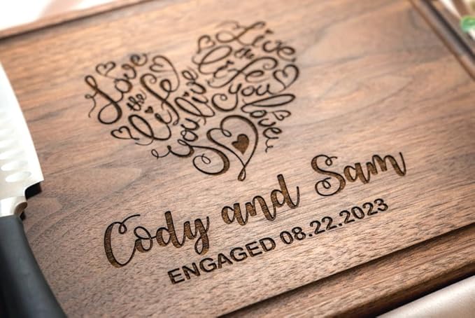 Personalized Cutting Board, Custom Wedding, Anniversary or Housewarming Gift Idea, Wood Engraved Charcuterie, for Newlyweds and Couples, Heart Home Design 041