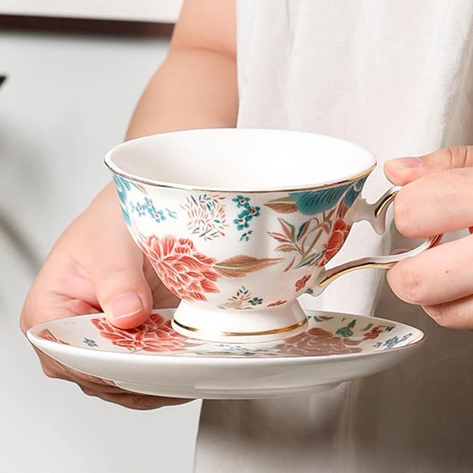 Teacups and Saucers,Bone China Tea Cups about 7 oz(200 ml),Vintage flower Pattern Espresso Coffee Mug Set & tea cups for women, Style02