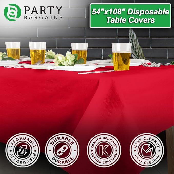 PARTY BARGAINS Disposable Table Covers, 54 x 108 Inch, Real-Red, 3-Ply Paper & Plastic Spill-Resistant Party Tablecloths, 40 Pack