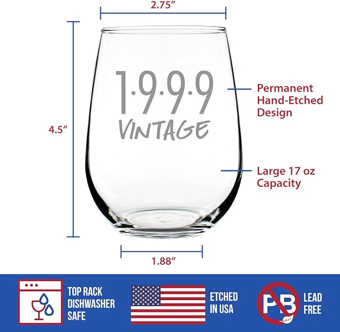 Bevvee Vintage 1999 Stemless Wine Glass - 27th Birthday Gifts for Women & Men Turning 27 - Bday Party Decor - Large 17 oz
