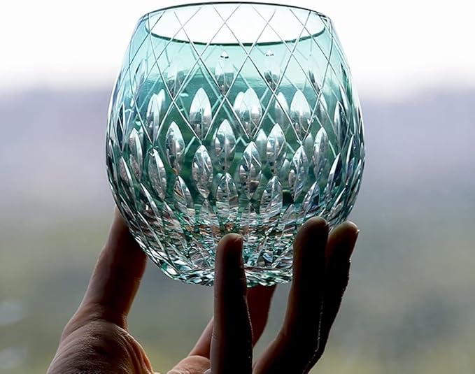 JINZHI Japanese Style EDO Kiriko Whiskey Glasses 11OZ Unique Shape Colored Hand Carved Glass Tumbler for Bourbon Lovers - Style Glassware for Rum - Rocks Glass in Gift Box (Dark Green)