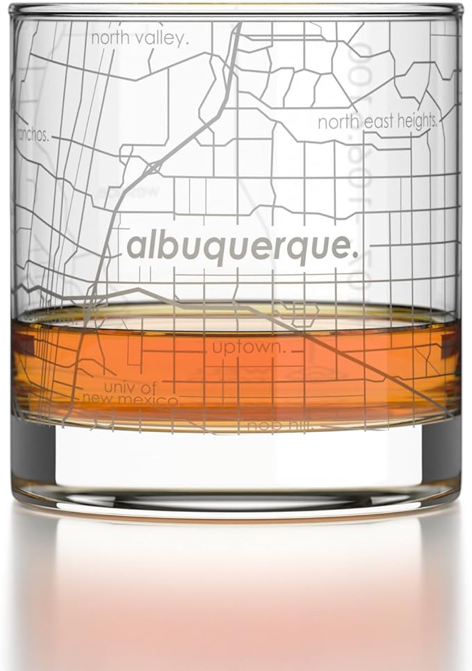 Well Told Engraved Albuquerque New Mexico Map Rocks Glass, Old Fashioned Glassware (11 oz, Clear) Etched Bourbon Tumbler, Gifts For Whiskey Lovers