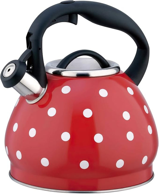Polka Dot Tea Kettle Stovetop - 3.2 Quart Stainless Steel Whistling Kettle, Vintage Red & White Design, Gas & Electric Stove Safe, Induction