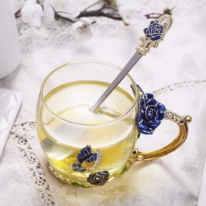 Luka Tech Enamels Butterfly flower Lead-free Glass Coffee Mugs Tea Cup with Steel Spoon, personalised Gifts For Women Wife Mom Friends Birthday Mothers Valentines Day Wedding (Blue)