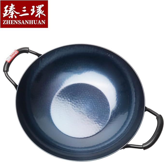 臻三环 ZhenSanHuan HandHammered Iron Wok Flat Bottom Induction Suitable (32cm 2 handles)