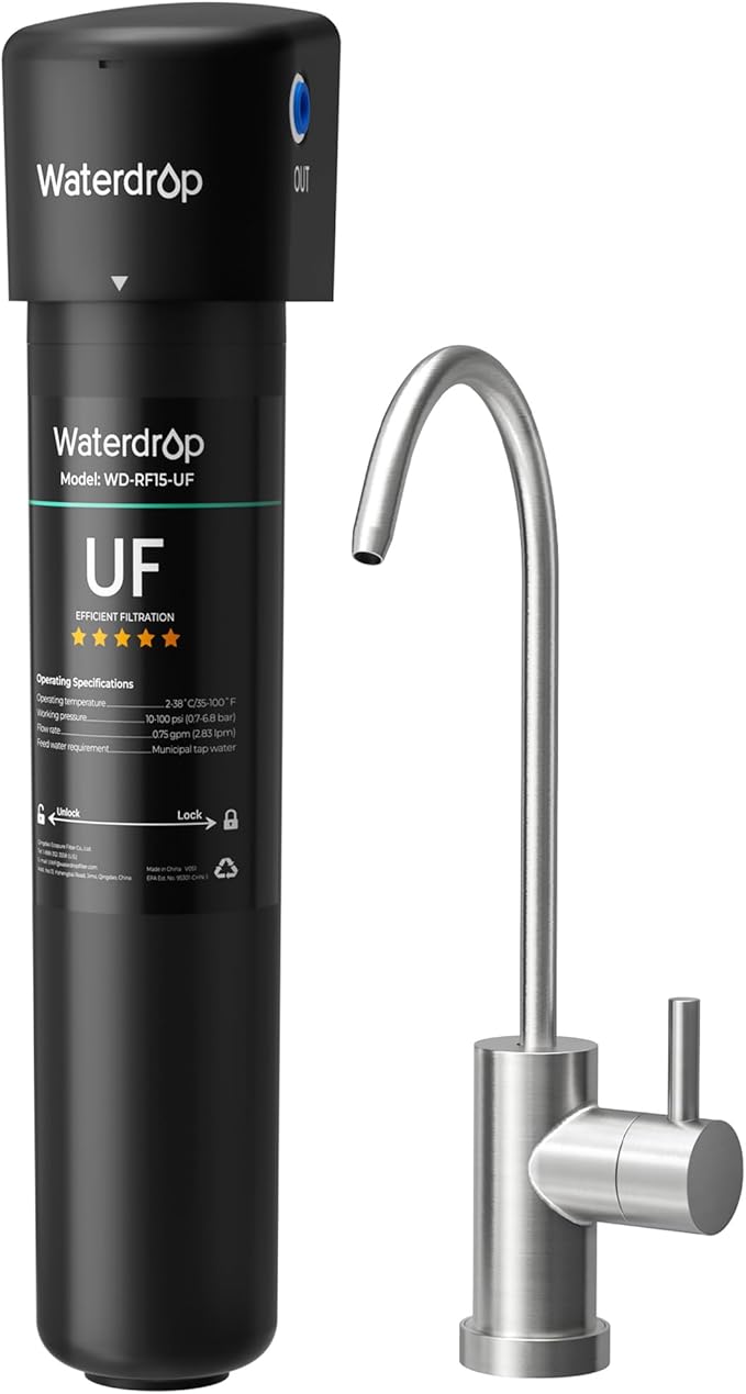 Waterdrop 15UB-UF 0.01 μm Ultra Filtration Under Sink Water Filter System, Reduces Lead, Chlorine, Bad Taste & Odor, 2 Years, with Dedicated Brushed Nickel Faucet, USA Tech