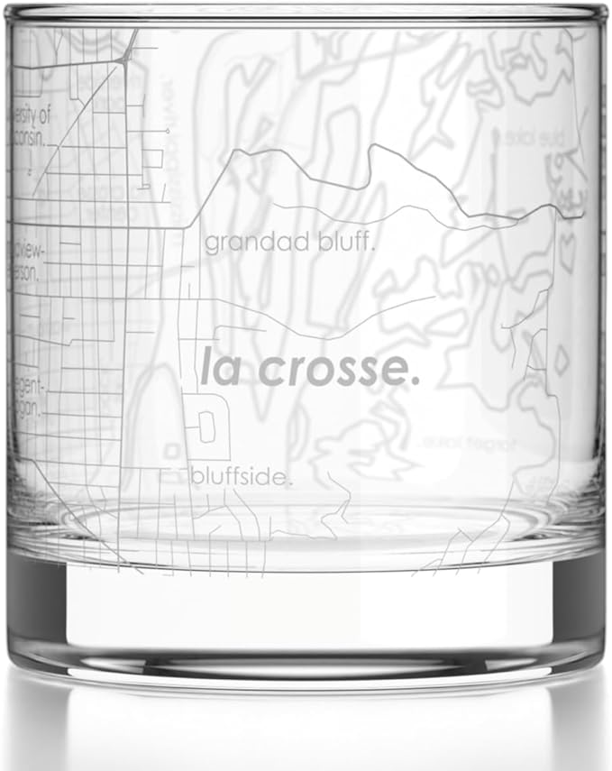 Well Told Engraved La Crosse Wisconsin Map Rocks Glass, Old Fashioned Glassware (11 oz, Clear) Etched Bourbon Tumbler, Gifts For Whiskey Lovers