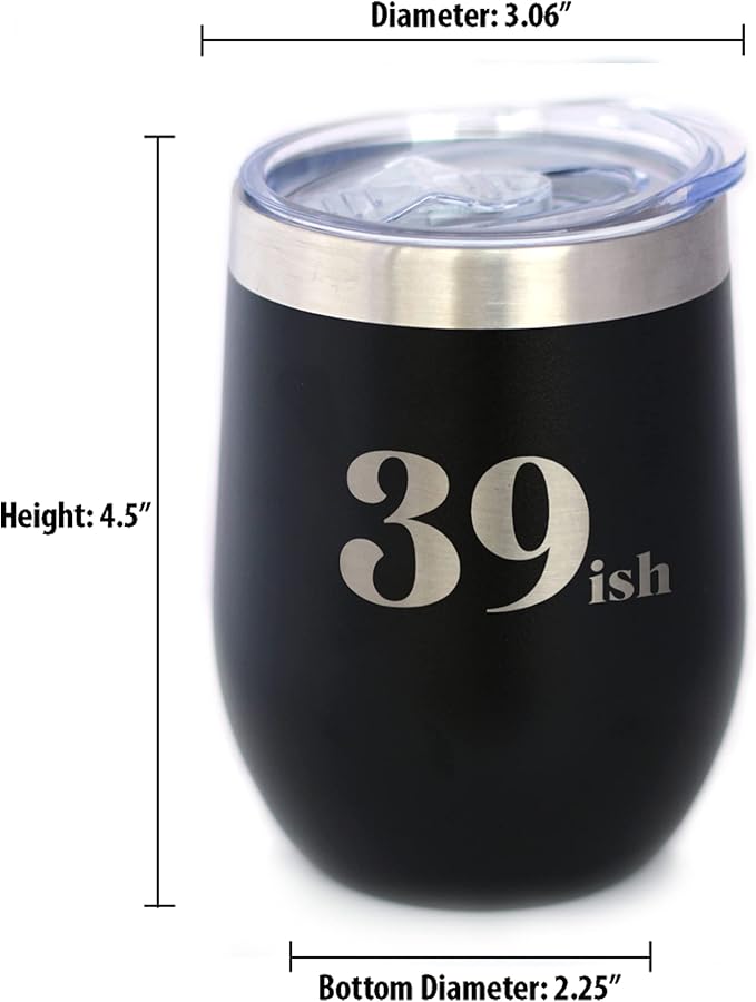 Bevvee 39ish - Funny 40th Birthday Wine Tumbler Glass with Sliding Lid - Stainless Steel Insulated Mug - Bday Party Decorations for Women Turning 40 - Black