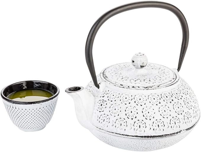 Restaurantware-30 Ounce Japanese Teapot, 1 Enamel Coated Japanese Tea Kettle - Cherry Blossom Design, Includes Mesh Strainer, White Cast Iron Primitive Kettle, For Teabags And Loose Leaf Tea