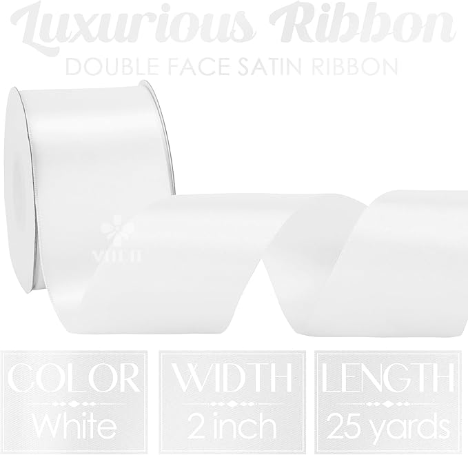 MEEDEE White Satin Ribbon 2 Inch White Ribbon Lux Double Faced Ribbons by 25 Yards Silk Ribbons for Gift Wrapping, Crafts, Satin Weddings, Flower Bouquet, Holiday Decorating