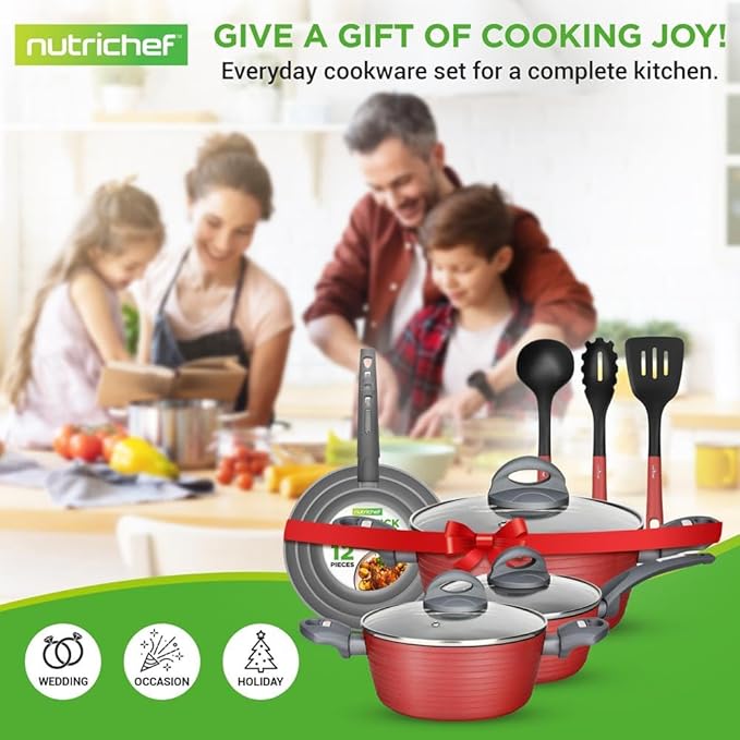 NutriChef Professional 12-Piece Red Nonstick Cookware Set - PFOA/PFOS-Free, Heat Resistant Lacquer, Elegant Design, Multi-Sized Pots and Pans