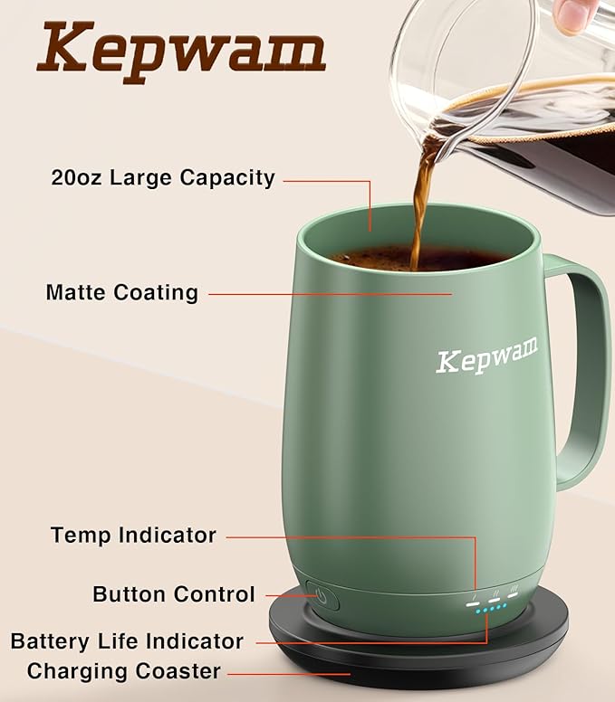 Kepwam Heated Coffee Mug T2-Plus, 20oz Leading Large Capacity Self Heating Coffee Mug, Up to 8 Hrs Battery & Hot Up to 149℉, Smart Coffee Mug for Women, Men