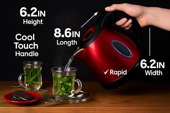 Moss & Stone 1.2L Stainless Steel Small Electric Kettle Red Color, Cordless 1500w Fast Boiling Pot, Portable Hot Water Electric Tea Kettle With Boil Dry Protection & Auto Shut-Off