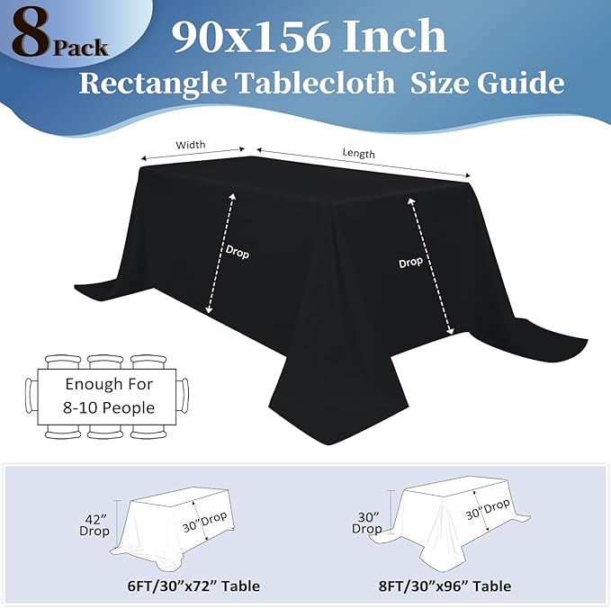 8 Pack Black Tablecloths 90x156 Inch Table Cloths for 8 Foot Rectangle Tables, Wrinkle Resistant Washable Rectangular Fabric Table Cover for Dining Wedding Banquet Camping Party