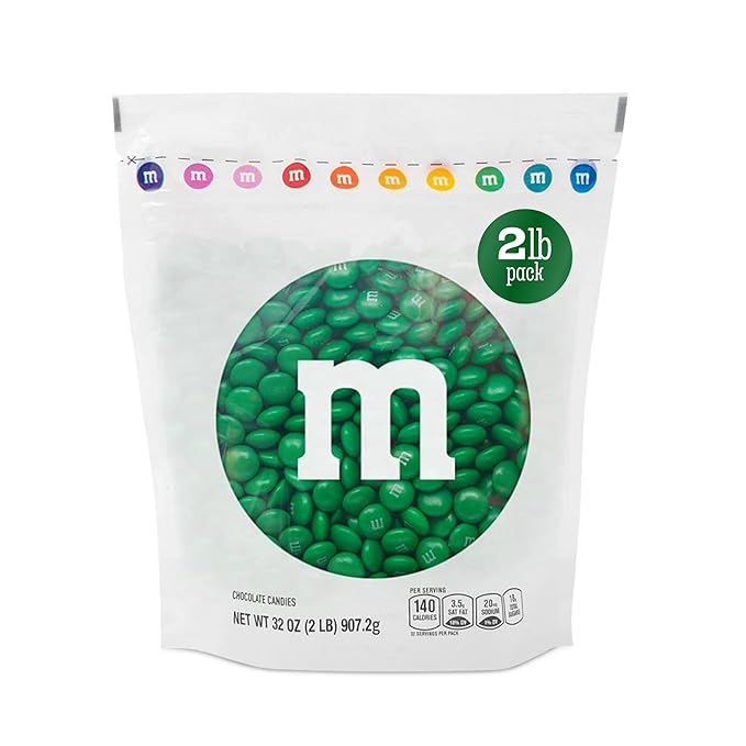 M&M’S WORLD Dark Green Milk Chocolate Candy Bulk, 2lbs of M&M'S in Resealable Pack for Candy Bars, Holiday Parties, Graduations, Christmas, Dessert Tables & DIY Party Favors