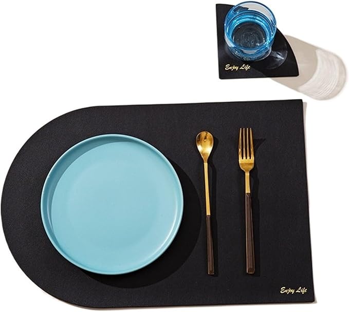 Placemat Table Mat Plate Tableware Pad PU Leather Heat Insulation Non-Slip Bowl Coaster Set for Dinner Kitchen(Black)