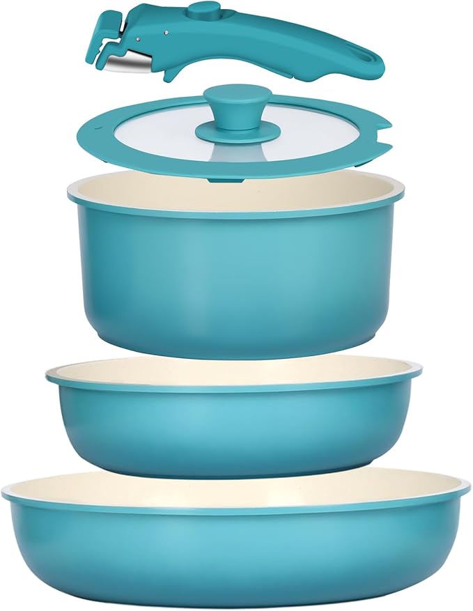 GIPP 5pcs Pots and Pans Set Non Stick, Nonstick Cookware Set Detachable Handle,Ceramic Pots for Cooking Non Stick with Removable Handle, RV Cookware Set, Light Blue Gradient