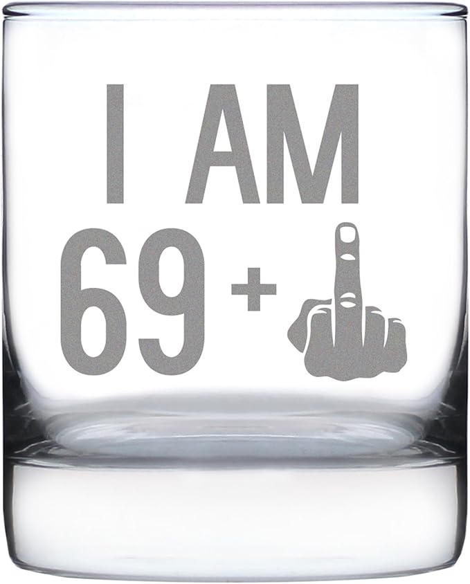 Bevvee 69 + 1 Middle Finger - Funny 70th Birthday Whiskey Rocks Glass Gifts for Men & Women Turning 70 - Fun Whisky Drinking Tumbler