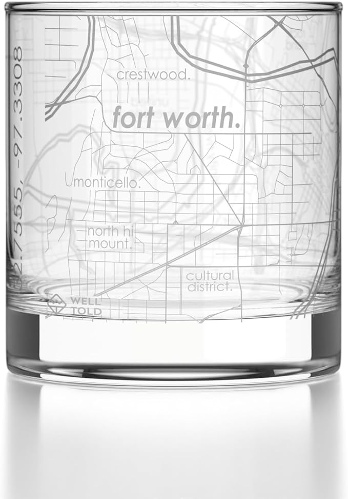 Well Told Engraved Fort Worth Texas Map Rocks Glass, Old Fashioned Glassware (11 oz, Clear) Etched Bourbon Tumbler, Gifts For Whiskey Lovers