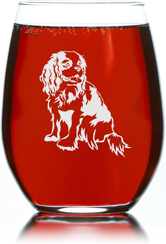C M Cavalier King Charles Spaniel Dog Themed Stemless Wine Glass, 17 oz. for Men and Women - Dog Lover Gift (Style C1)