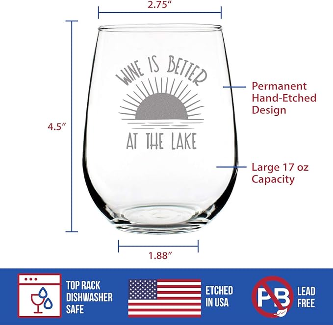 Wine is Better at the Lake - Stemless Wine Glass Gifts for Men & Women - Funny, Cute, Unique Lake House Décor - Large 17 Oz