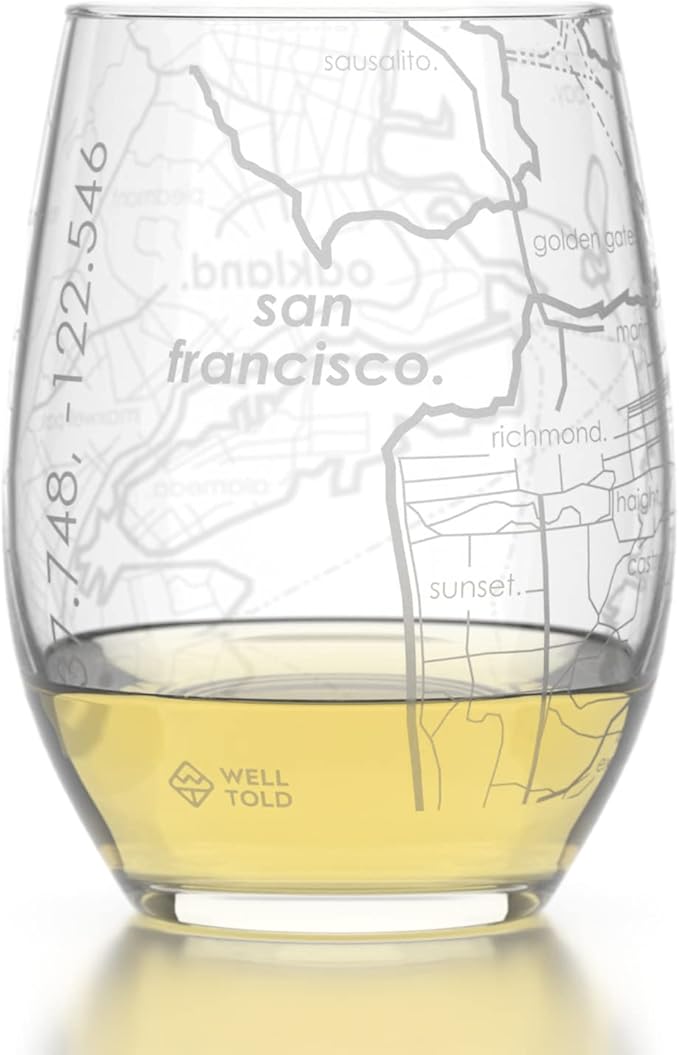 Well Told Engraved San Francisco California Map Stemless Wine Glass, Etched Glass (15 oz, Clear) City Custom Gifts for Lovers