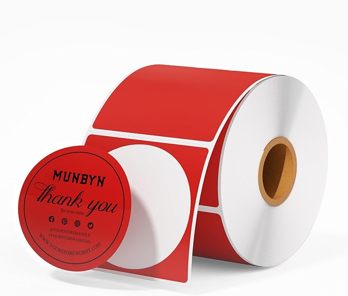 MUNBYN 2 Inch Red Round Thermal Labels, Multi-Purpose Self-Adhesive Circle Thermal Label Stickers for Business, 750 Sheets/1 Roll