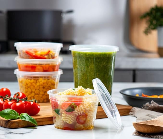 Combo Set 8, 8oz - 8, 16oz - 8, 32oz Plastic Deli Food Storage Containers with Airtight Flexible Lids Microwavable, Leak Free, Washable, Freezer Safe.