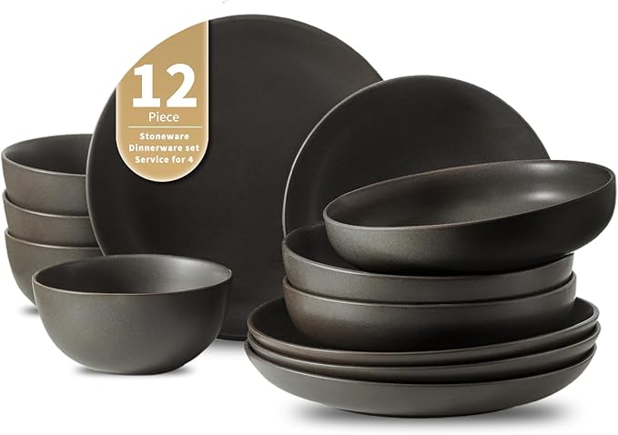 Dinnerware Sets, Stoneware Plates and Bowls Sets, Farmhouse 12 Piece Dish Set for 4, Ceramic Plates Set for Kitchen, Scratch Resistant, Dishwasher & Microwave Safe, Pure Black