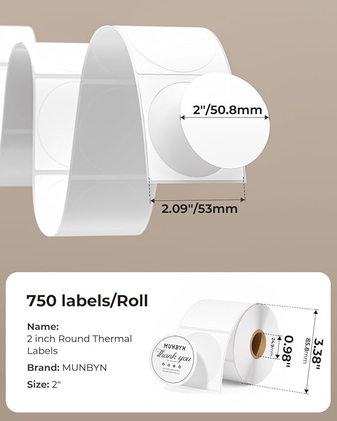 MUNBYN 2 Inch Circle Thermal Sticker Labels, Self-Adhesive Round Labels, Multi-Purpose Roll Thermal Stickers for Business, 4 Rolls/3000 Sheets