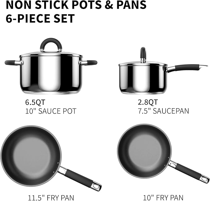 Pots and Pans Set Non Stick, Stainless Steel Cookware Set of 6, Frying Pans, 5 Ply Base Dishwasher Safe