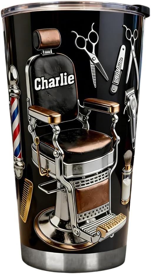 Barber Chair 2D Printed Personalized Tumbler, Barber Tumblers for Men, Custom Name Hairdresser Stainless Steel Tumbler, Barber Gifts for Men, Hairdresser Gifts, Hairstylist Gift for Men, Husband, Dad