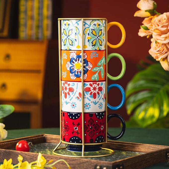Floral Stackable Ceramic Coffee Mugs - Set of 4 with Stand, 12.5 oz Multi-Color Porcelain Cups for Latte, Cappuccino, Tea, Hot Cocoa - Dishwasher & Microwave Safe (Floral)
