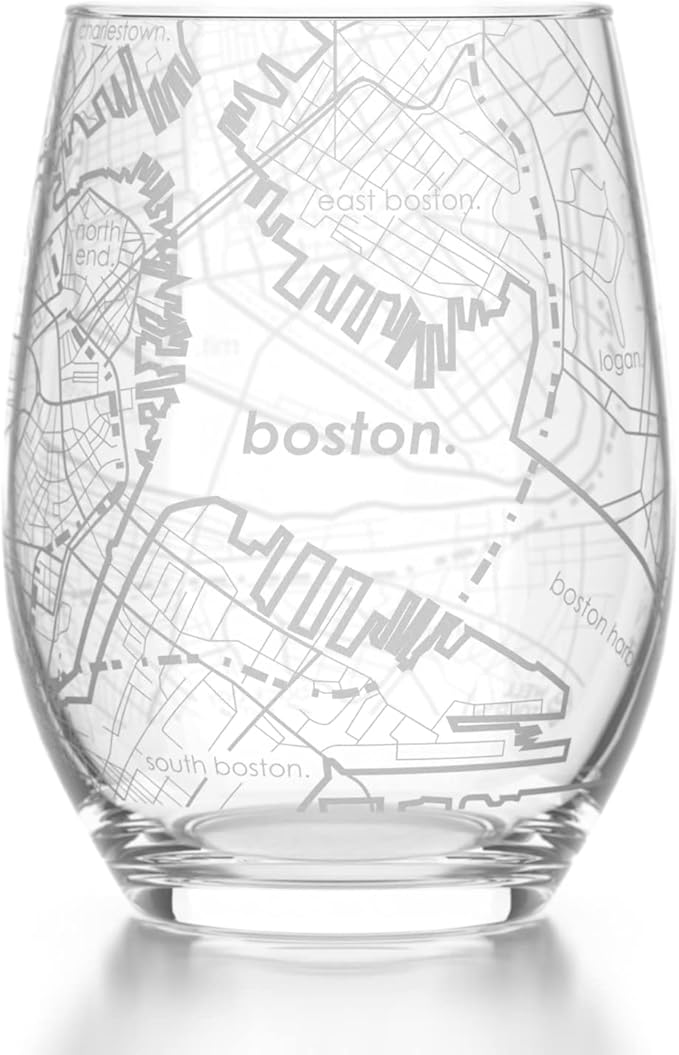 Well Told Engraved Boston Massachusetts Map Stemless Glass (15 oz, Clear) City Map Wine Glass, Custom Gift for Wine Lovers