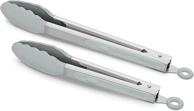 2 Pack Warm Grey Kitchen Tongs, Premium Silicone BPA Free Non-Stick Stainless Steel BBQ Cooking Grilling Locking Food Tongs, 9-Inch & 12-Inch
