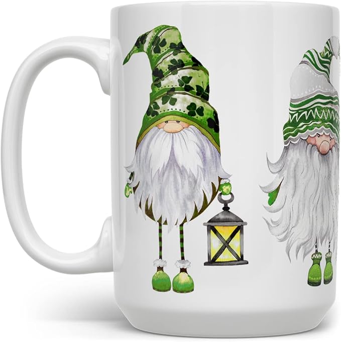 Loftipop St Patricks Day Irish Gnomes Coffee Mug, Lucky Green Shamrock Tea Cup, Gift for Her Mom Friend (15oz)