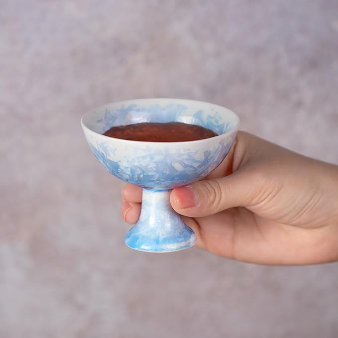 KAMMAK Ceramic Tea & Coffee Cups Set of 2 - Vintage Crystalline Glaze Espresso Mugs, 2.2oz Hand Painted for Afternoon Tea or Coffee, Birthday Gift for Women Men, High-Footed Cup