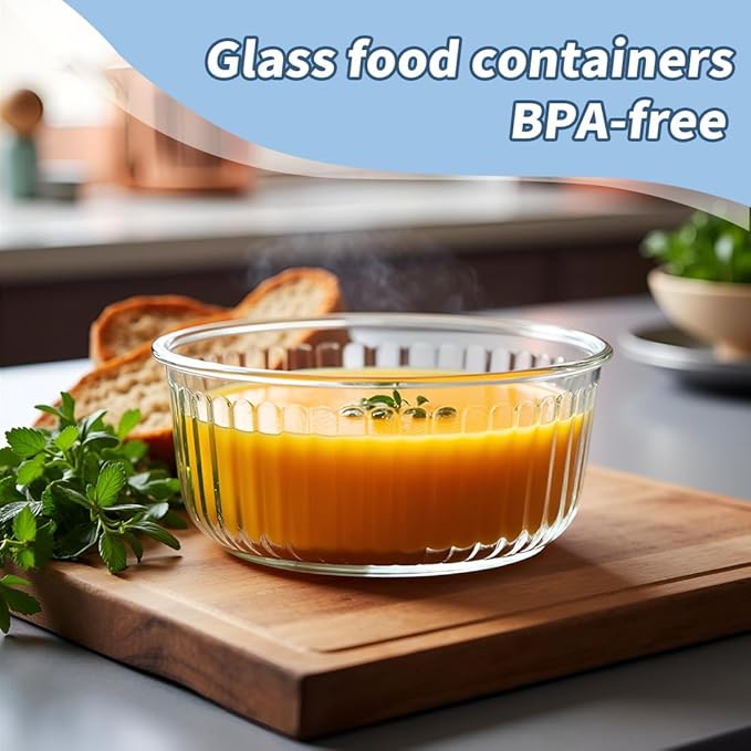 1.5 cup Round Glass Food Containers with Lids and Spoon, 12oz Glass Food Storage Containers set, Small Round Meal Prep Bowls for kitchen, Office, Outdoor. Microwave, Freezer, Dishwashe safe