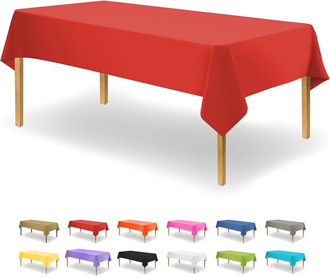 Party Dimensions Red Tablecloth Disposable Plastic Table Cover for Rectangle Tables (12 Pack) Premium Plastic Table Cloths for Parties, Events & Weddings, Indoors/Outdoors, 54"x108"