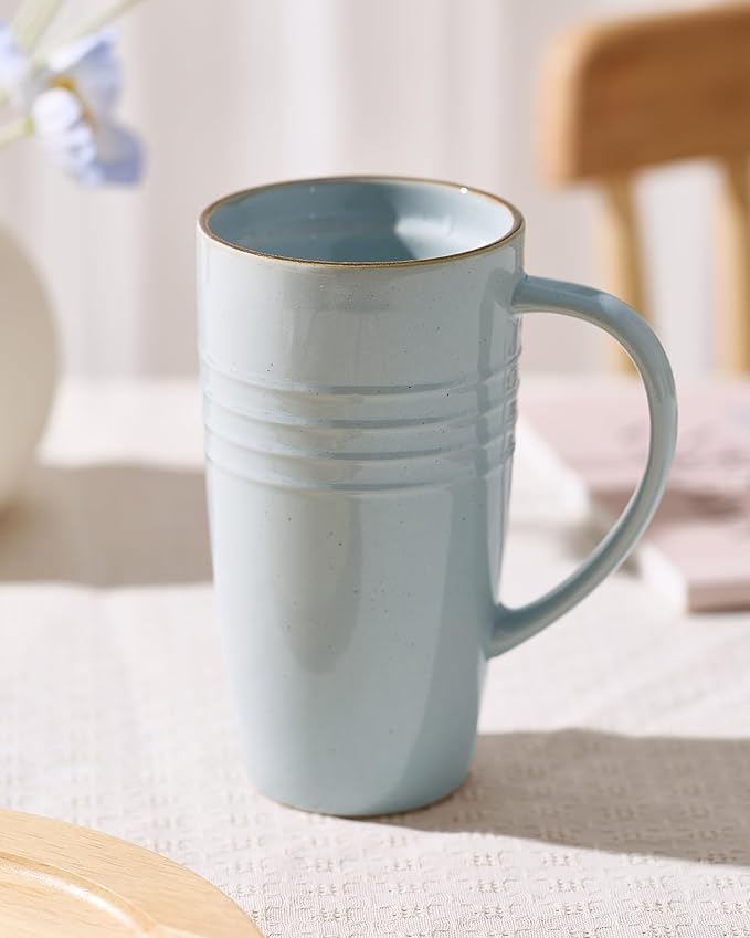 famiware Jupiter Large Coffee Mug, 20oz Coffee Mug with Lid, Ceramic Cup with Handle for Latte, Tea, Cocoa, Milk, Home & Office, Microwave and Dishwasher Safe, Light Blue