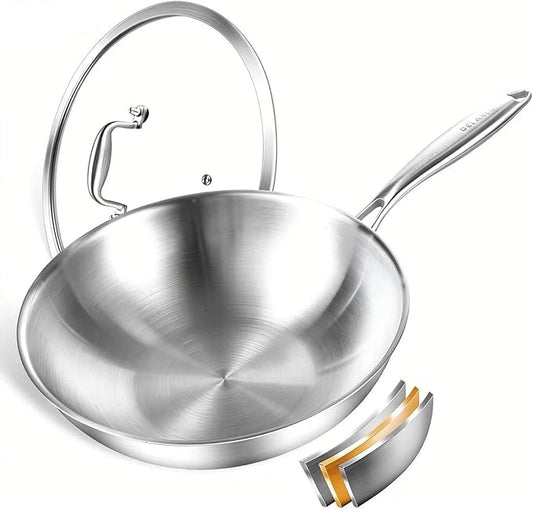 DELARLO Tri-Ply Stainless Steel Woks, 12 Inch Healthy Non-Toxic Cooking Wok Pan with Lid, Wide & Deep Cookware Stir-Fry Pans, Dishwasher and Oven Safe Up To 600°F, Works on Induction
