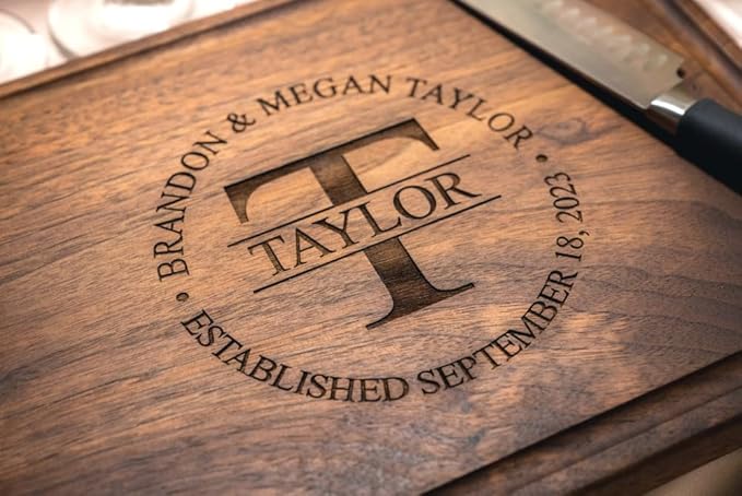 Personalized Cutting Board, Custom Wedding, Anniversary or Housewarming Gift Idea, Wood Engraved Charcuterie, for Couples, Family and Clients (Circle Initial 007)